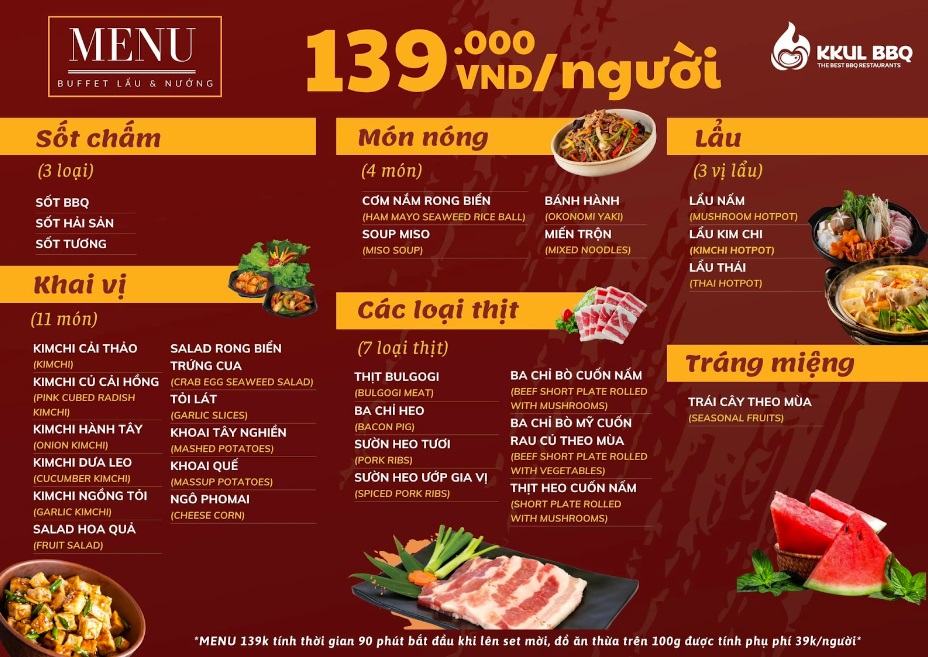 Menu nhiều sự lựa chọn các món thịt nướng của KKUL BBQ 